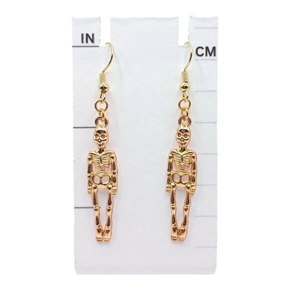Skeleton Earrings Gold Tone Spooky Halloween Dangles - Picture 3 of 4